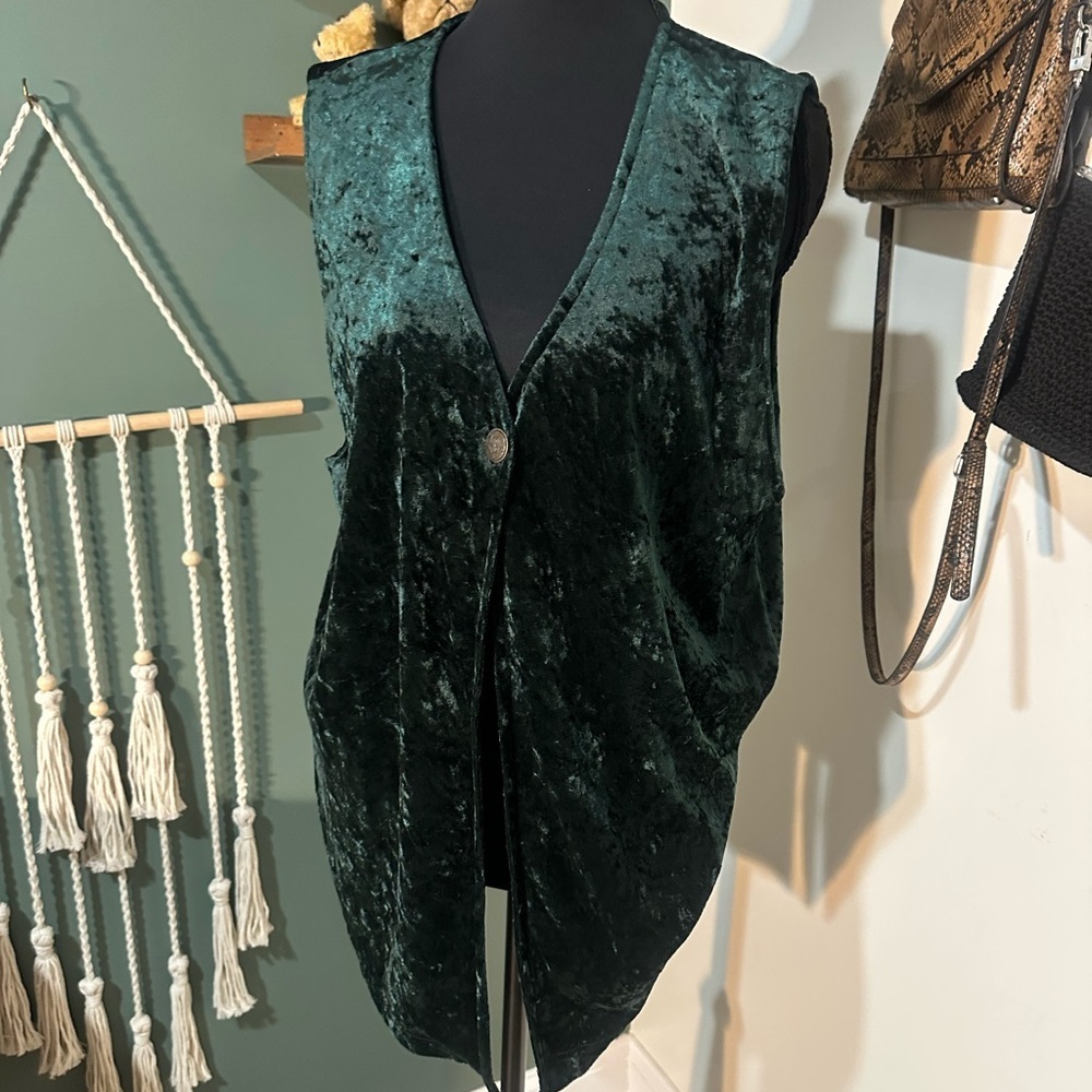 💕Grungy Vintage Teddi Deep Green Velvet Vest Oversized Small Festive